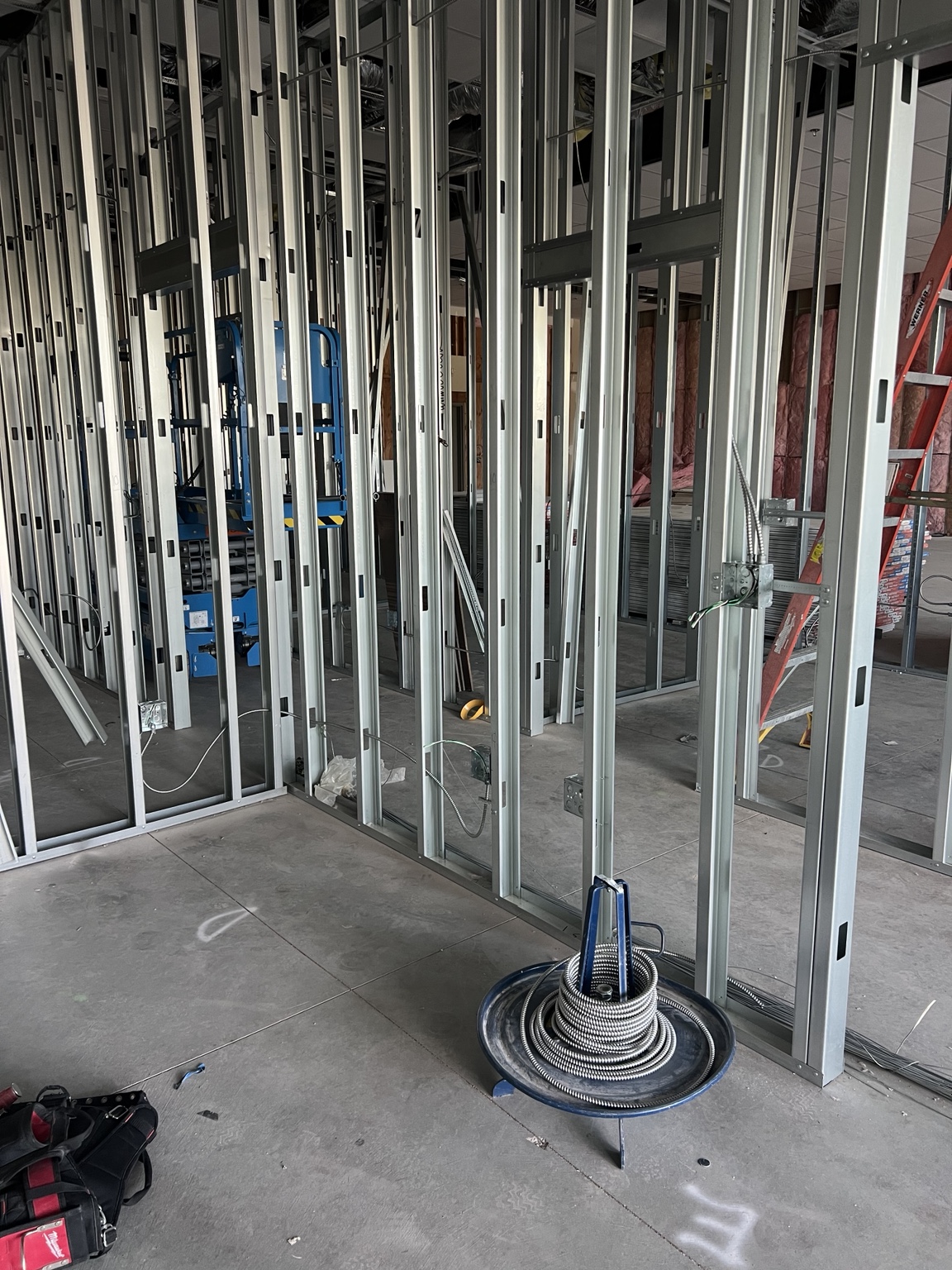 Device boxes, raceways and room framing in progress