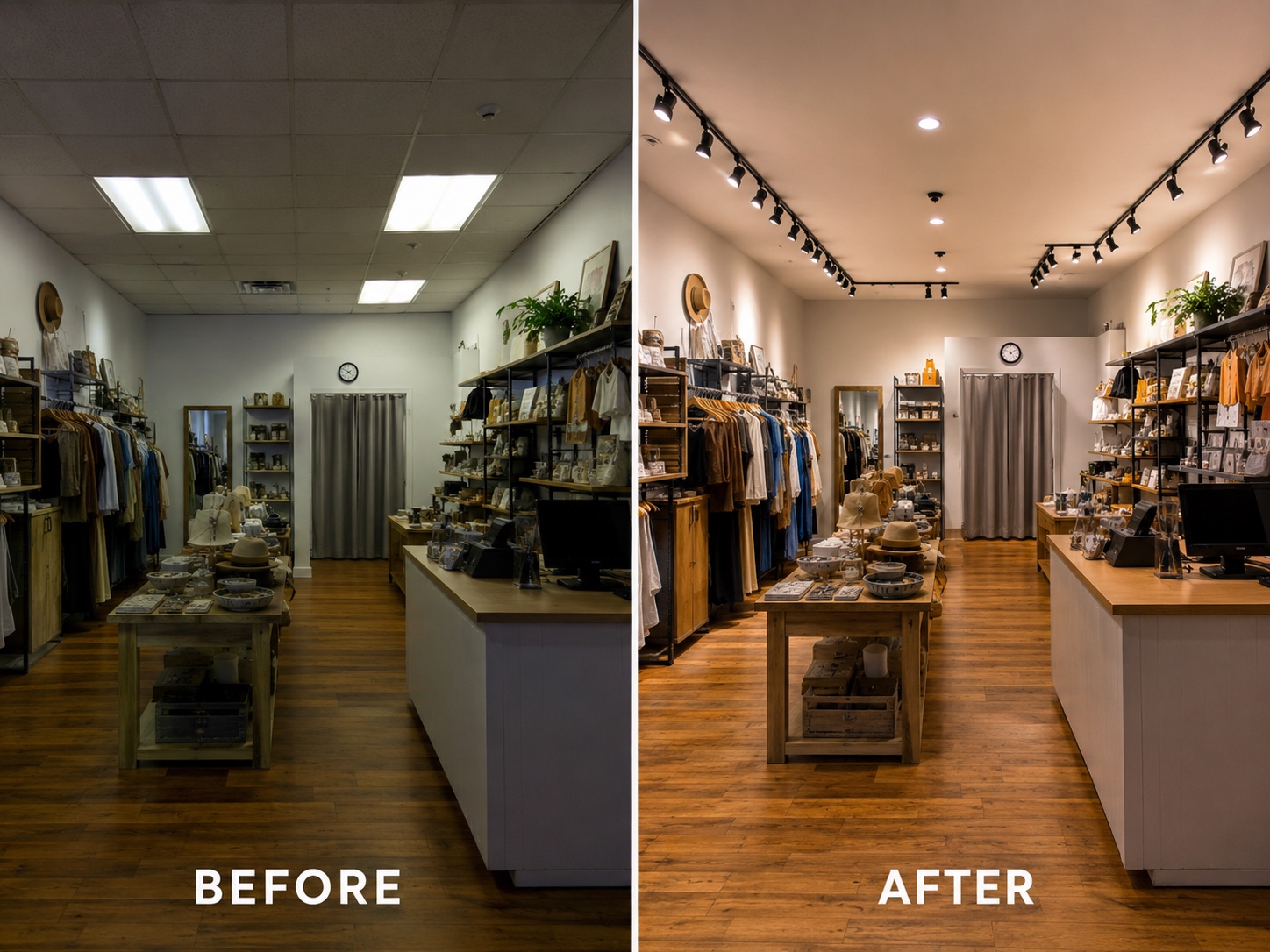 Boutique track-lighting upgrade — before and after