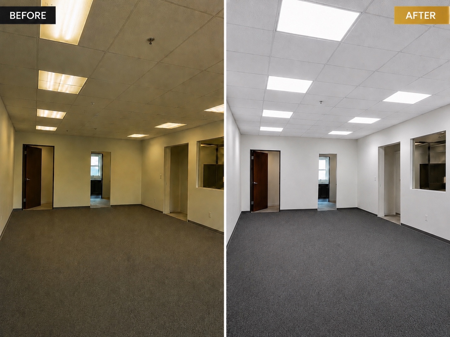 Office LED panel-lighting upgrade — before and after