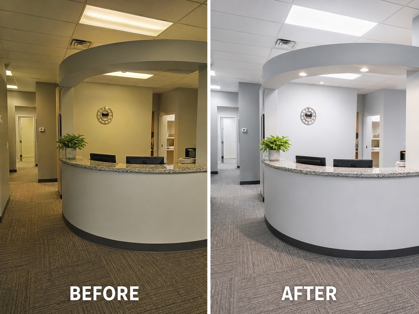Reception-area lighting upgrade — before and after