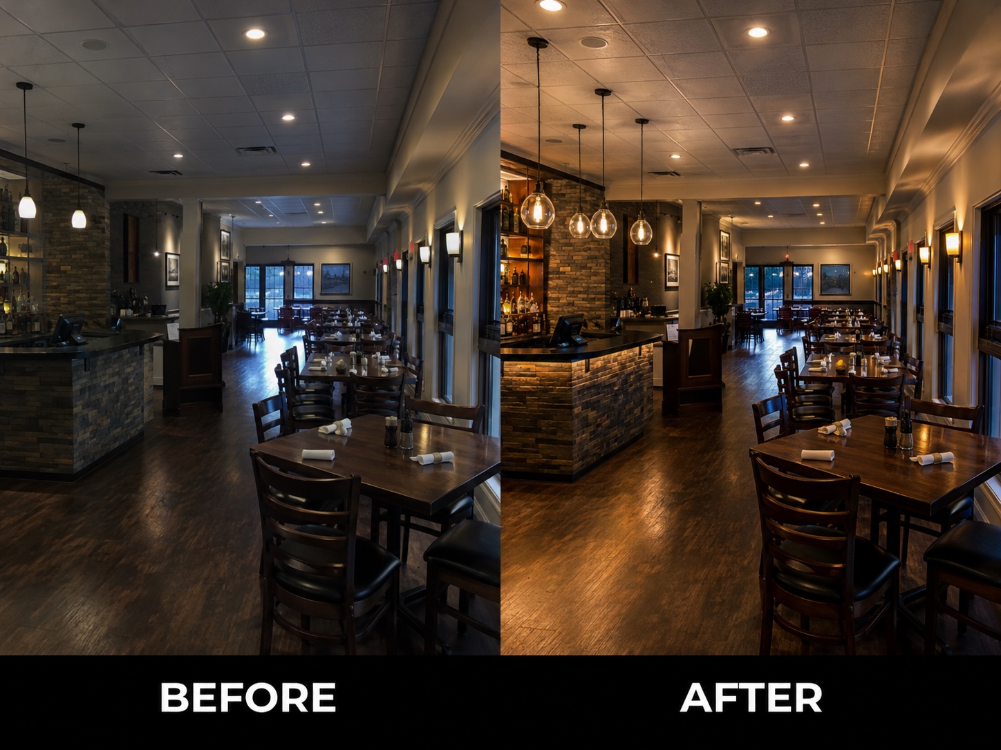 Restaurant accent-lighting upgrade — before and after
