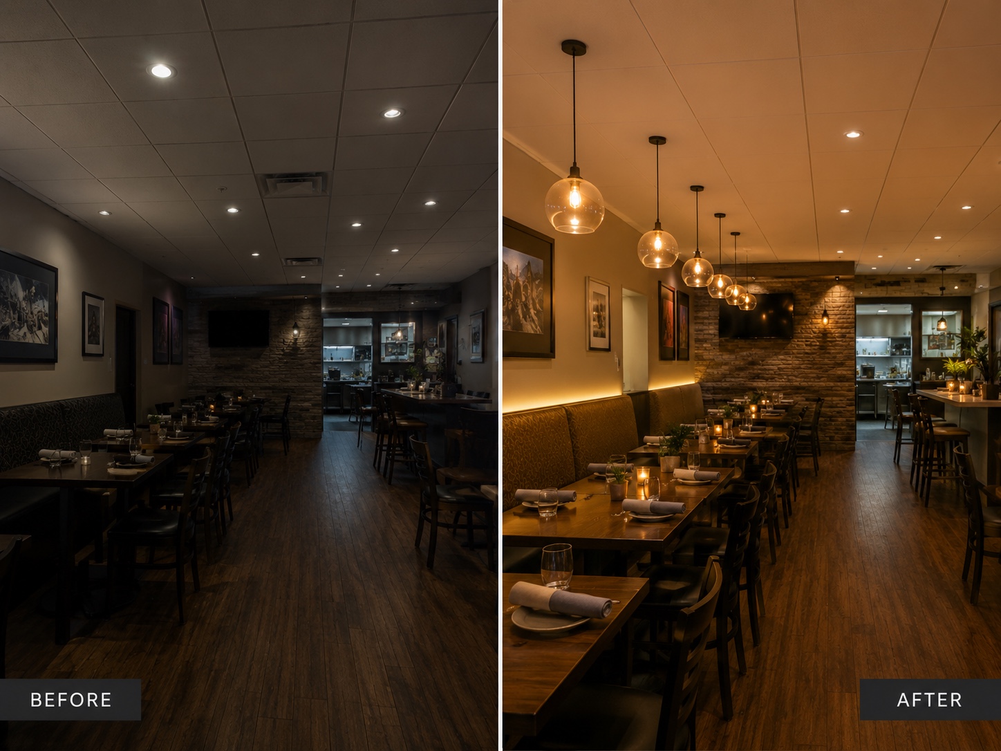 Restaurant pendant-lighting upgrade — before and after