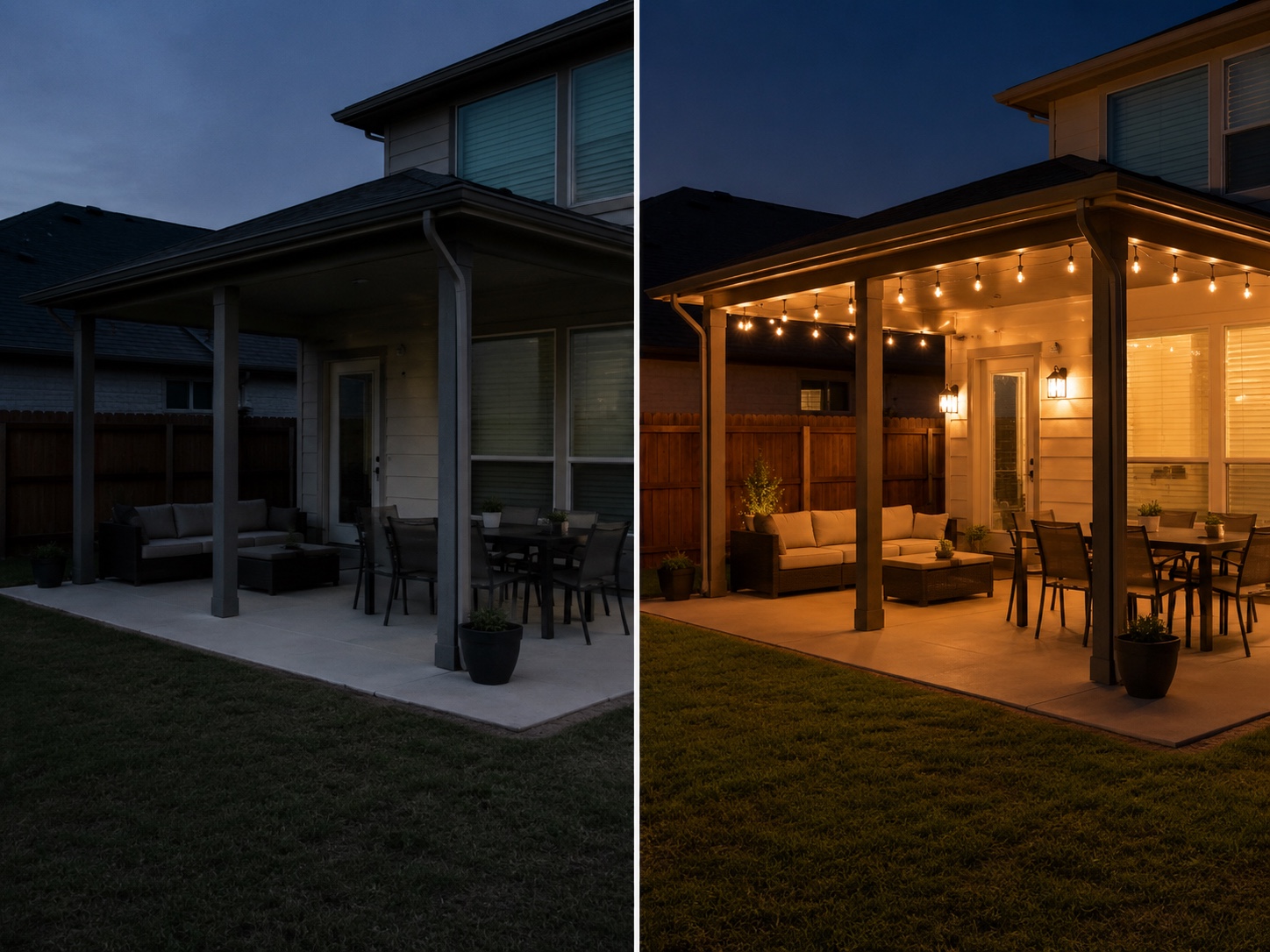 Covered-patio string lighting — before and after