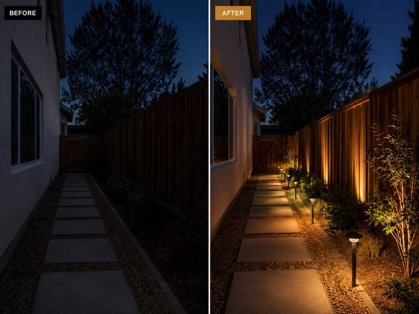 Fence-line and path lighting — before and after
